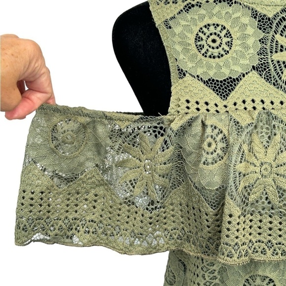 Miami Women’s Dress Boho Crochet Cold Shoulder Olive Green Mini Dress Size-S EUC - Picture 5 of 11